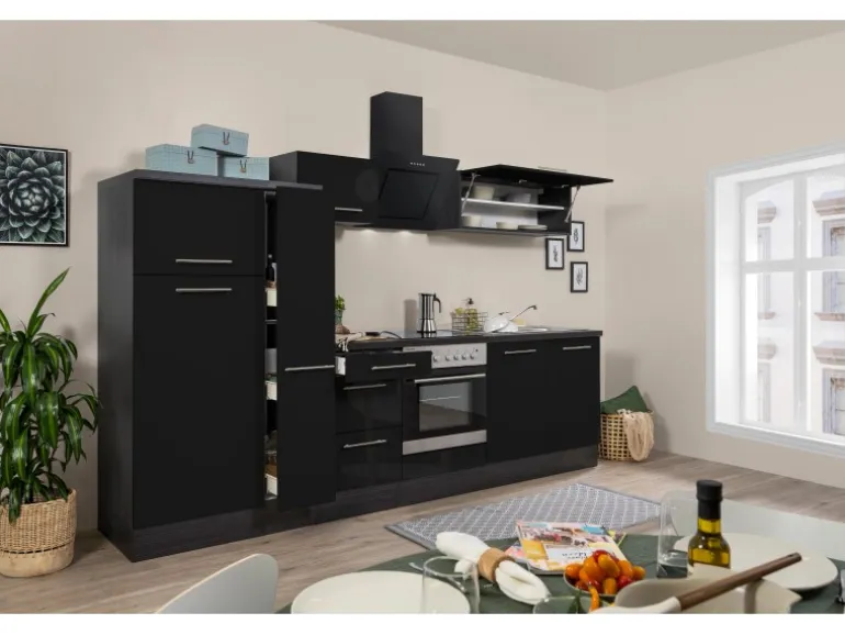 Respekta Premium Küchenzeile 300 cm Schwarz Hochglanz-Eiche Grau