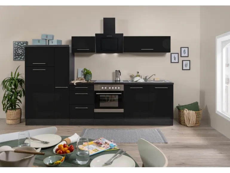 Respekta Premium Küchenzeile 300 cm Schwarz Hochglanz-Eiche Grau