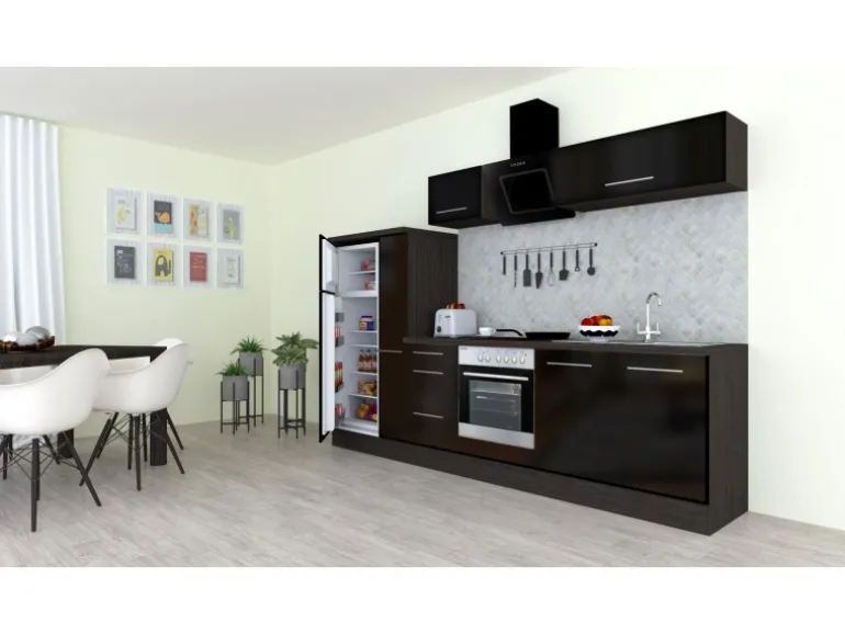 Respekta Premium Küchenzeile 300 cm Schwarz Hochglanz-Eiche Grau