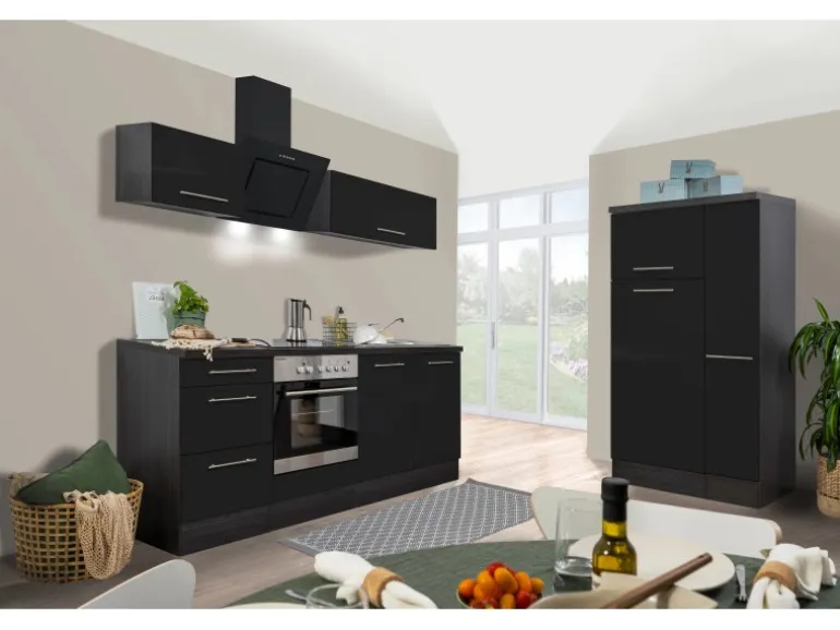 Respekta Premium Küchenzeile 300 cm Schwarz Hochglanz-Eiche Grau