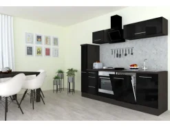 Respekta Premium Küchenzeile 250 cm Schwarz Hochglanz-Eiche Grau