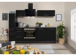 Respekta Premium Küchenzeile 250 cm Schwarz Hochglanz-Eiche Grau