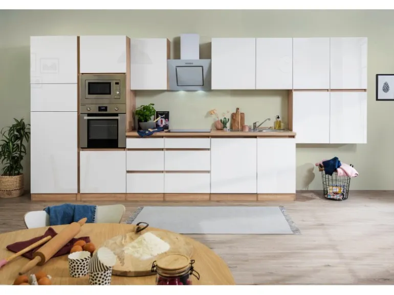 Respekta Premium Küchenzeile Grifflos 445 cm Weiß Hochglanz-Eiche Sägerau