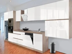 Respekta Premium Küchenzeile Grifflos 445 cm Weiß Hochglanz-Eiche Sägerau