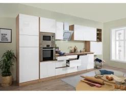 Respekta Premium Küchenzeile Grifflos 445 cm Weiß Hochglanz-Eiche Sägerau