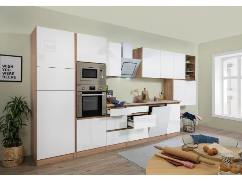 Respekta Premium Küchenzeile Grifflos 445 cm Weiß Hochglanz-Eiche Sägerau