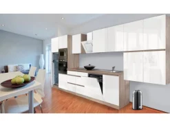 Respekta Premium Küchenzeile Grifflos 445 cm Weiß Hochglanz-Eiche Sägerau