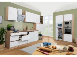 Respekta Premium Küchenzeile Grifflos 445 cm Weiß Hochglanz-Eiche Sägerau