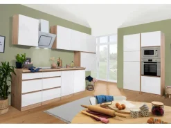 Respekta Premium Küchenzeile Grifflos 445 cm Weiß Hochglanz-Eiche Sägerau