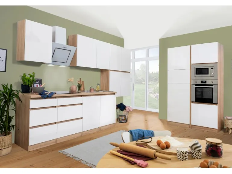 Respekta Premium Küchenzeile Grifflos 445 cm Weiß Hochglanz-Eiche Sägerau