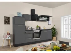 Respekta Premium Küchenzeile 280 cm Grau Hochglanz-Eiche Grau