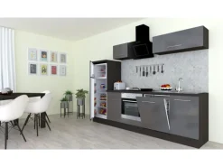 Respekta Premium Küchenzeile 280 cm Grau Hochglanz-Eiche Grau