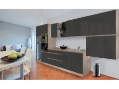 Respekta Premium Küchenzeile Grifflos 435 cm Grau Hochglanz-Eiche Sägerau