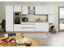 Respekta Premium Küchenzeile Grifflos 395 cm Weiß Matt-Eiche Sägerau