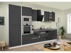 Respekta Premium Küchenzeile Grifflos 345 cm Grau Hochglanz-Weiß