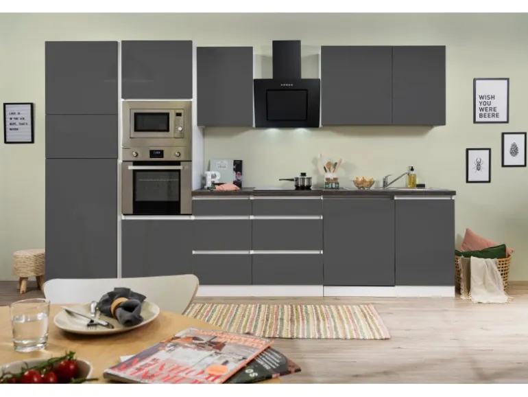 Respekta Premium Küchenzeile Grifflos 345 cm Grau Hochglanz-Weiß