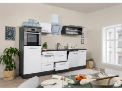 Respekta Premium Küchenzeile 280 cm Hochbau Weiß Hochglanz-Eiche Grau