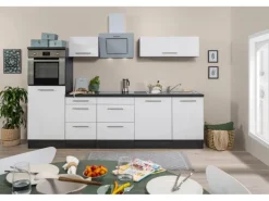 Respekta Premium Küchenzeile 280 cm Hochbau Weiß Hochglanz-Eiche Grau