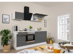 Respekta Premium Küchenzeile 210 cm Grau Hochglanz-Weiß