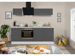 Respekta Premium Küchenzeile 210 cm Grau Hochglanz-Weiß