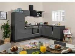 Respekta Premium Winkelküche 260 x 200 cm Grau Hochglanz-Eiche Grau