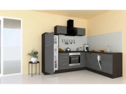 Respekta Premium Winkelküche 260 x 200 cm Grau Hochglanz-Eiche Grau