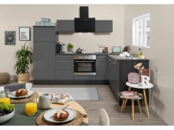 Respekta Premium Winkelküche 260 x 200 cm Grau Hochglanz-Eiche Grau