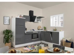 Respekta Premium Winkelküche 260 x 200 cm Grau Hochglanz-Weiß