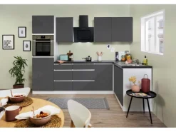 Respekta Premium Winkelküche Grifflos 280 cm Grau Hochglanz-Weiß