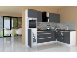 Respekta Premium Winkelküche Grifflos 280 cm Grau Hochglanz-Weiß