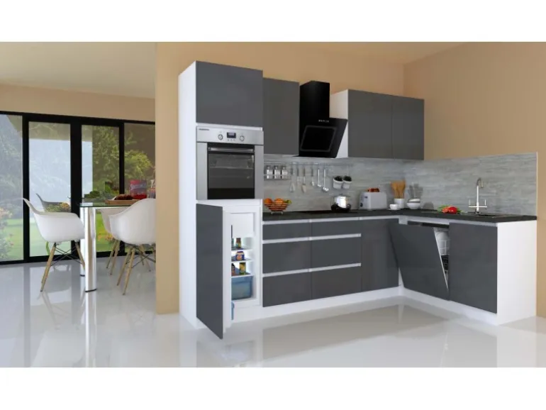 Respekta Premium Winkelküche Grifflos 280 cm Grau Hochglanz-Weiß