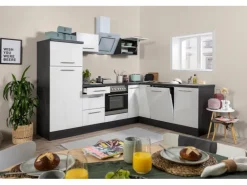 Respekta Premium Winkelküche 260 x 200 cm Weiß Hochglanz-Eiche Grau