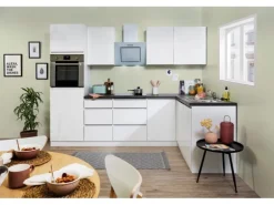 Respekta Premium Winkelküche Grifflos 280 cm Weiß Hochglanz