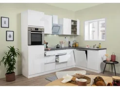 Respekta Premium Winkelküche Grifflos 280 cm Weiß Hochglanz