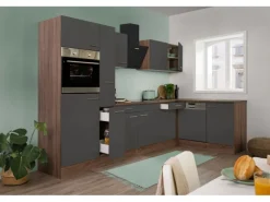Respekta Winkelküche 310 cm Grau Seidenglanz-Eiche York Nachbildung