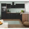 Respekta Winkelküche 280 cm Schwarz Seidenglanz-Eiche York Nachbildung