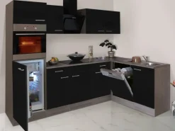 Respekta Winkelküche 280 cm Schwarz Seidenglanz-Eiche York Nachbildung