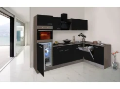 Respekta Winkelküche 280 cm Schwarz Seidenglanz-Eiche York Nachbildung