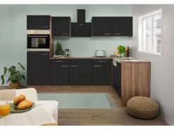 Respekta Winkelküche 280 cm Schwarz-Seidenglanz Eiche-York