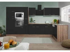 Respekta Winkelküche 370 cm Schwarz Seidenglanz-Eiche York Nachbildung