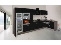 Respekta Winkelküche 370 cm Schwarz Seidenglanz-Eiche York Nachbildung