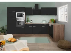 Respekta Winkelküche 340 cm Schwarz-Seidenglanz Eiche-York