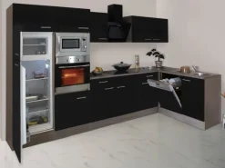 Respekta Winkelküche 340 cm Schwarz-Seidenglanz Eiche-York