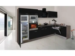 Respekta Winkelküche 340 cm Schwarz-Seidenglanz Eiche-York