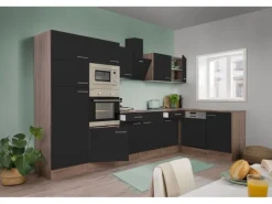 Respekta Winkelküche 340 cm Schwarz-Seidenglanz Eiche-York