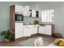 Respekta Winkelküche 280 cm Weiß Seidenglanz-Eiche York Nachbildung