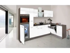 Respekta Winkelküche 310 cm Weiß Seidenglanz-Eiche York Nachbildung