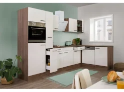 Respekta Winkelküche 310 cm Weiß Seidenglanz-Eiche York Nachbildung