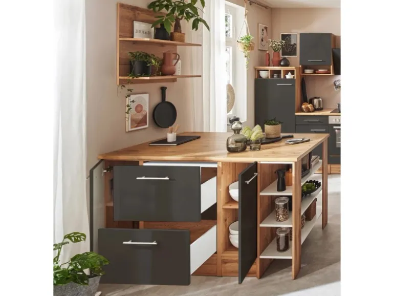 Respekta Winkelküche Hilde 280 x 172 cm mit Kücheninsel Grau