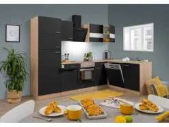Respekta Winkelküche KBL280ESWSC 280 cm Schwarz-Eiche Sonoma Sägerau Nachbildung